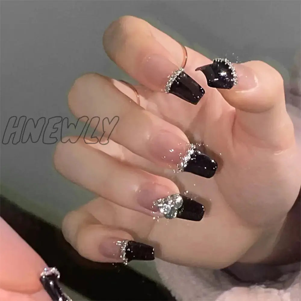 Hnewly 24Pcs Luxury Fake Nail Tips Women Wearable Press On Nails With Gold Glitter Diamond Full