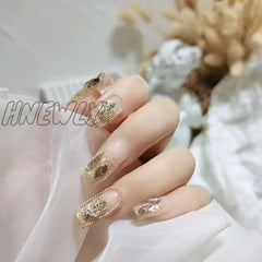 Hnewly 24Pcs Luxury Fake Nail Tips Women Wearable Press On Nails With Gold Glitter Diamond Full