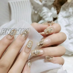 Hnewly 24Pcs Luxury Fake Nail Tips Women Wearable Press On Nails With Gold Glitter Diamond Full
