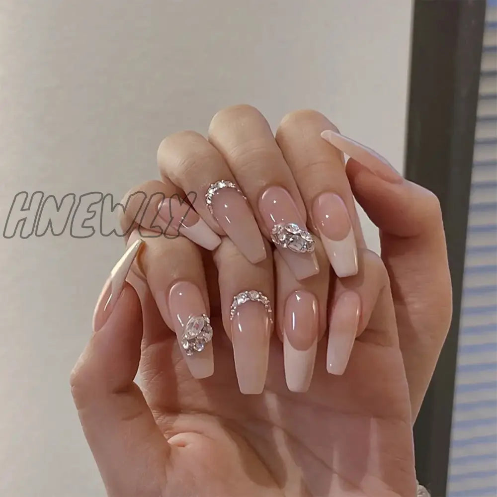 Hnewly 24Pcs Luxury Fake Nail Tips Women Wearable Press On Nails With Gold Glitter Diamond Full