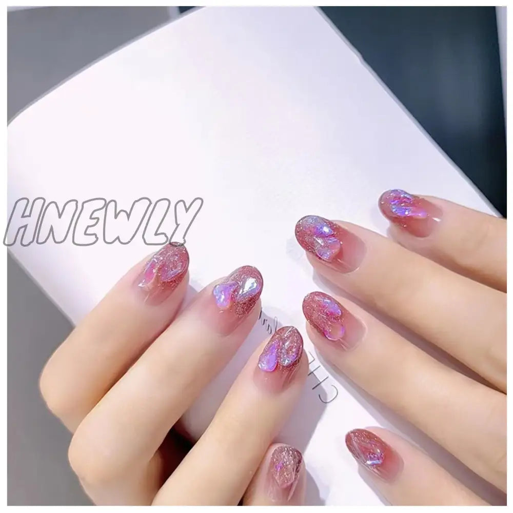 Hnewly 24Pcs Luxury Fake Nail Tips Women Wearable Press On Nails With Gold Glitter Diamond Full
