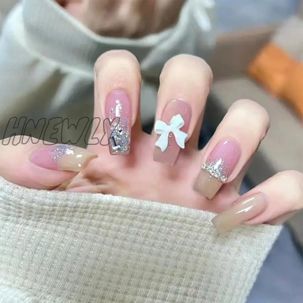 Hnewly 24Pcs Luxury Fake Nail Tips Women Wearable Press On Nails With Gold Glitter Diamond Full