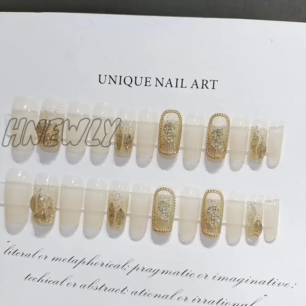 Hnewly 24Pcs Luxury Fake Nail Tips Women Wearable Press On Nails With Gold Glitter Diamond Full
