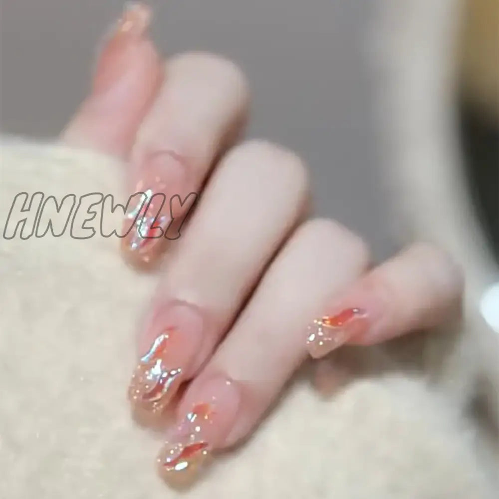 Hnewly 24Pcs Luxury Fake Nail Tips Women Wearable Press On Nails With Gold Glitter Diamond Full