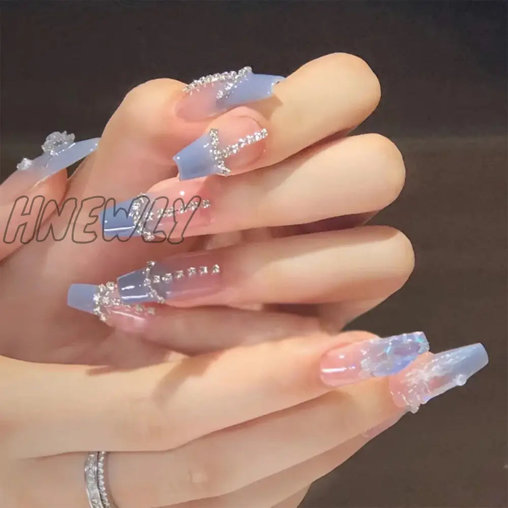Hnewly 24Pcs Luxury Fake Nail Tips Women Wearable Press On Nails With Gold Glitter Diamond Full