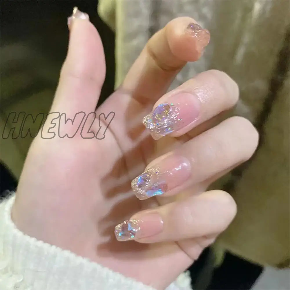 Hnewly 24Pcs Luxury Fake Nail Tips Women Wearable Press On Nails With Gold Glitter Diamond Full
