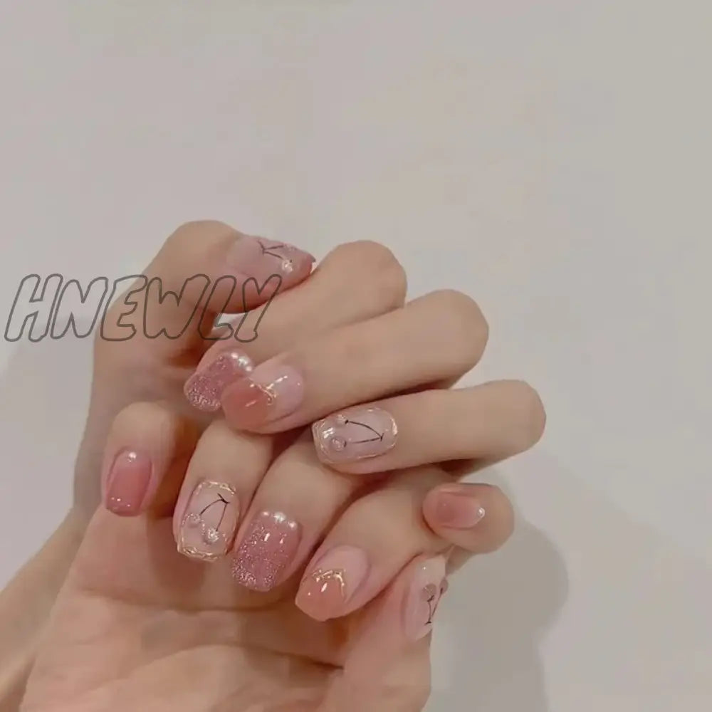 Hnewly 24Pcs Luxury Fake Nail Tips Women Wearable Press On Nails With Gold Glitter Diamond Full