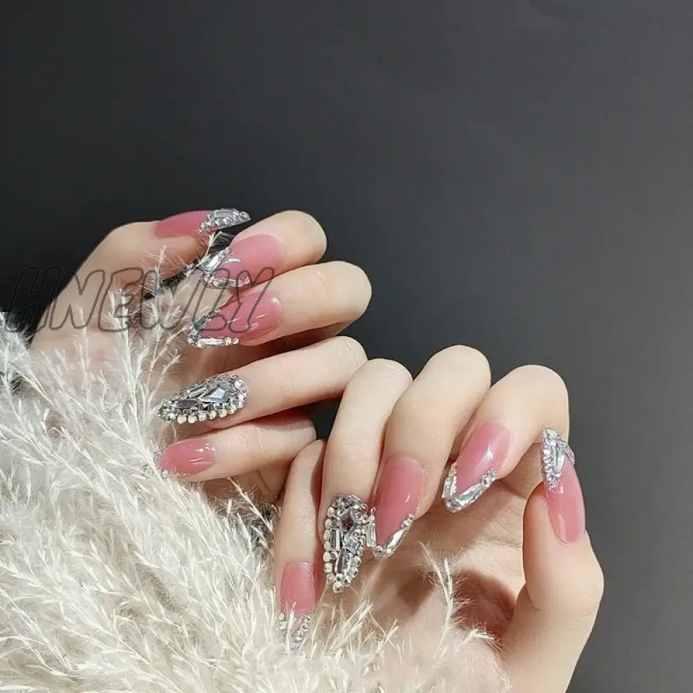Hnewly 24Pcs Luxury Fake Nail Tips Women Wearable Press On Nails With Gold Glitter Diamond Full