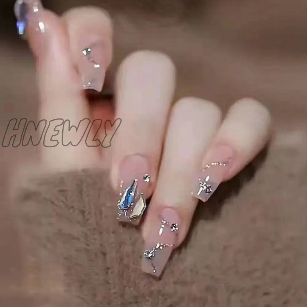 Hnewly 24Pcs Luxury Fake Nail Tips Women Wearable Press On Nails With Gold Glitter Diamond Full