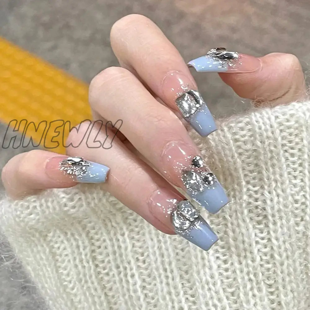 Hnewly 24Pcs Luxury Fake Nail Tips Women Wearable Press On Nails With Gold Glitter Diamond Full