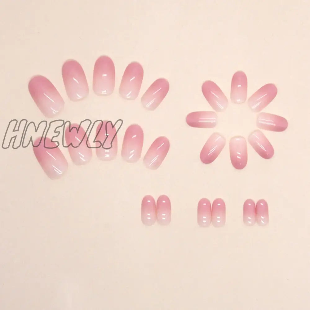 Hnewly 24Pcs Oval Shape False Nails Pink Gradient Color Fake Press On Short Round Tips Wearable