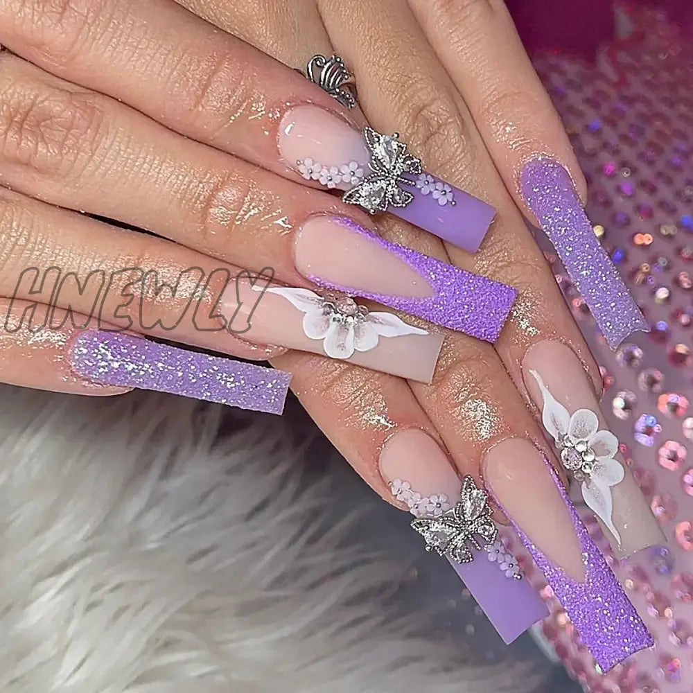 Hnewly 24Pcs Pink Long Coffin Ballet False Nails With Butterfly Rhinestones French Design Fake Full