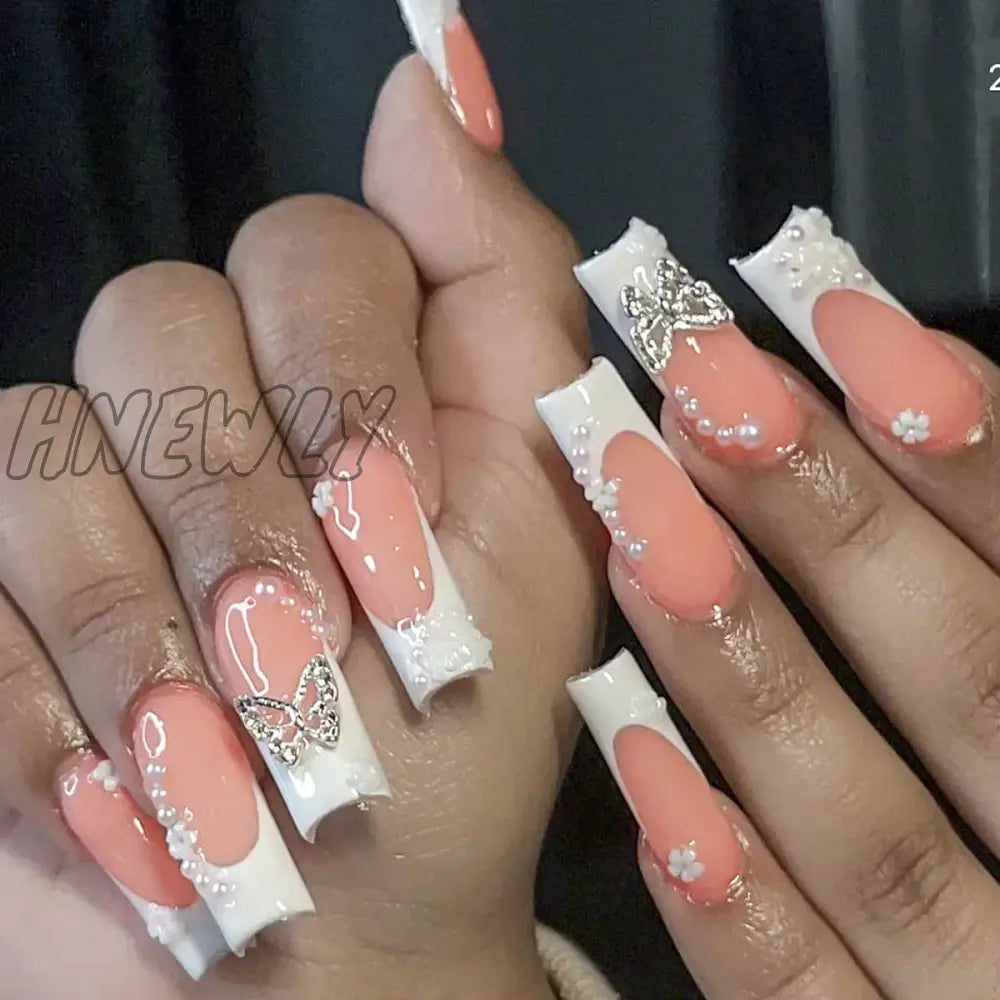 Hnewly 24Pcs Pink Long Coffin Ballet False Nails With Butterfly Rhinestones French Design Fake Full