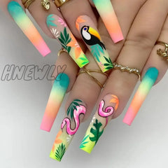 Hnewly 24Pcs/Set Fake Nails Accessories Spring Summer Brids Snake Leaf Designs Long French Coffin