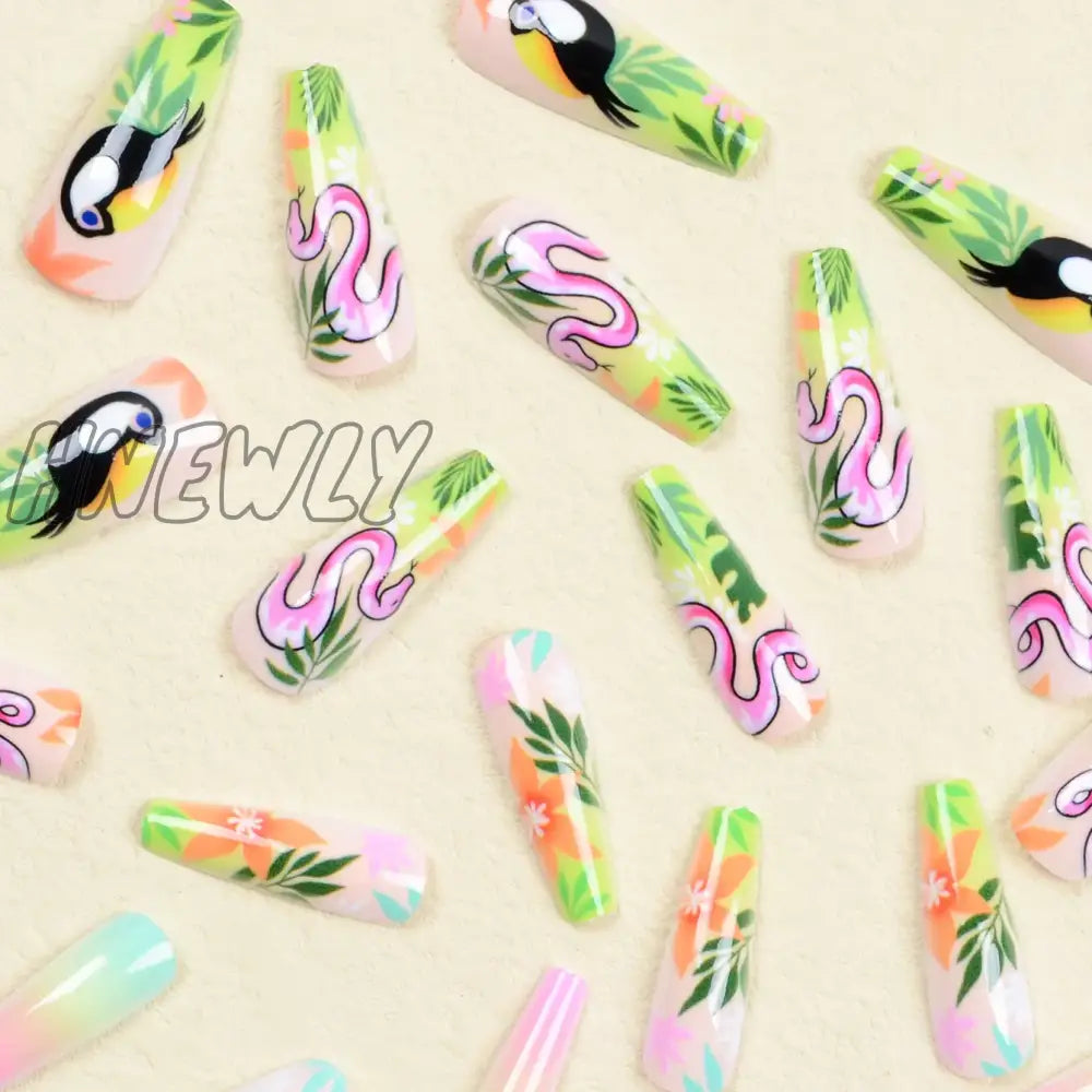 Hnewly 24Pcs/Set Fake Nails Accessories Spring Summer Brids Snake Leaf Designs Long French Coffin
