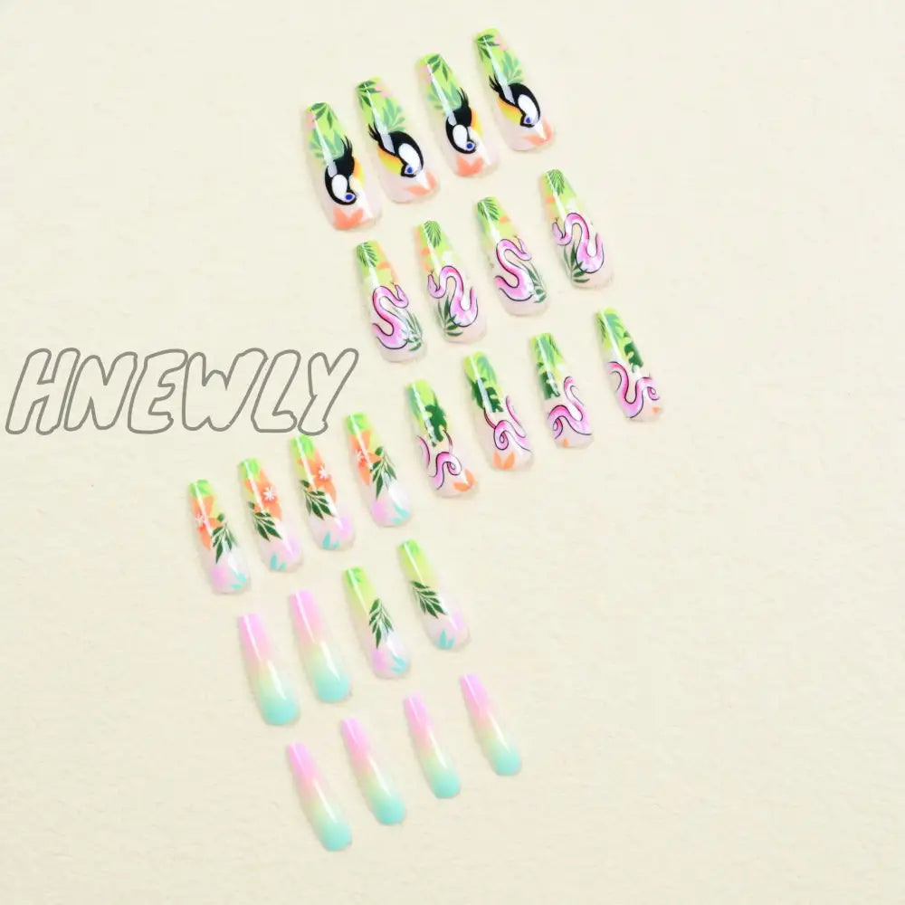 Hnewly 24Pcs/Set Fake Nails Accessories Spring Summer Brids Snake Leaf Designs Long French Coffin