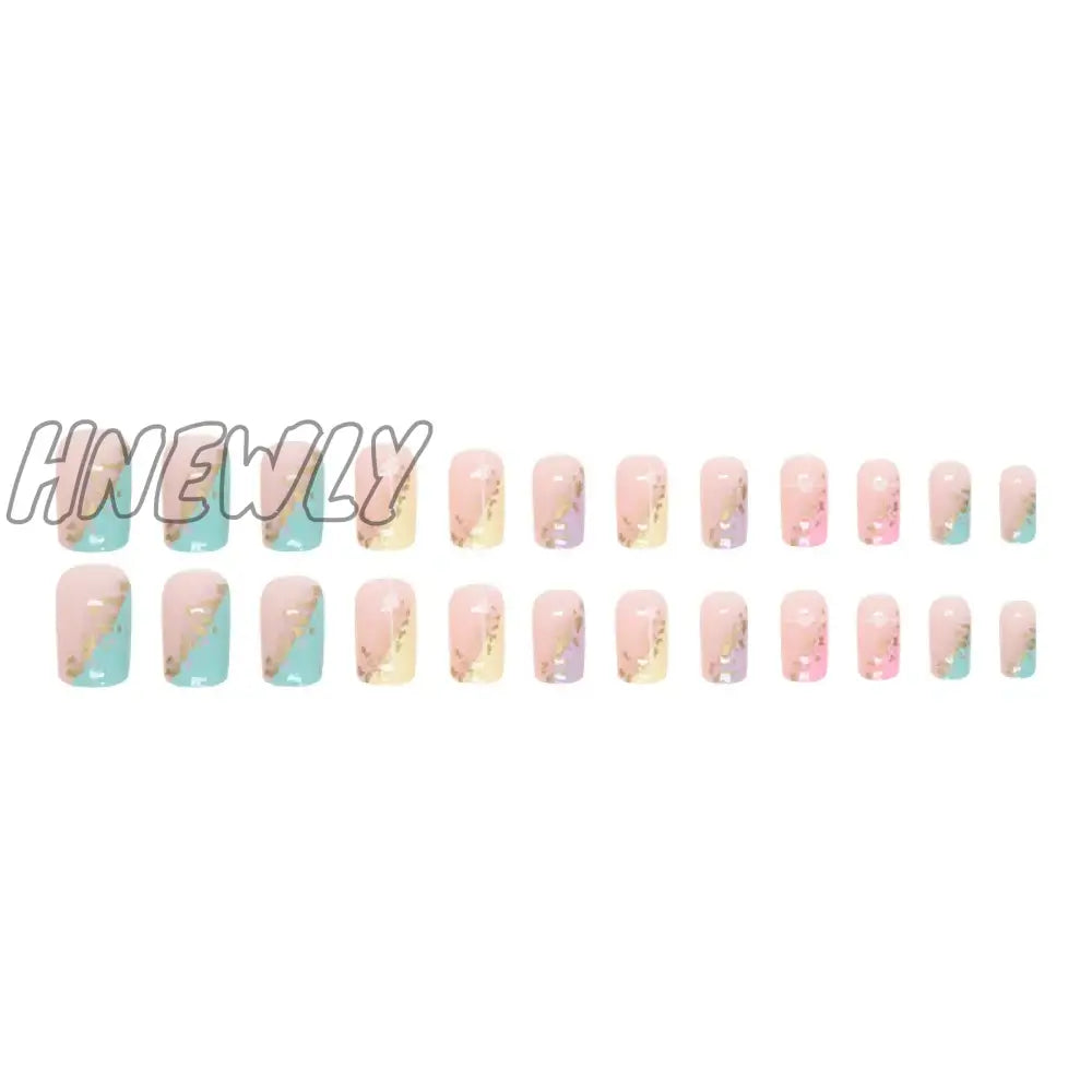 Hnewly 24Pcs/Set False Nail French Gold Leaf Rainbow Heart Fake Tips Full Cover Acrylic Nails