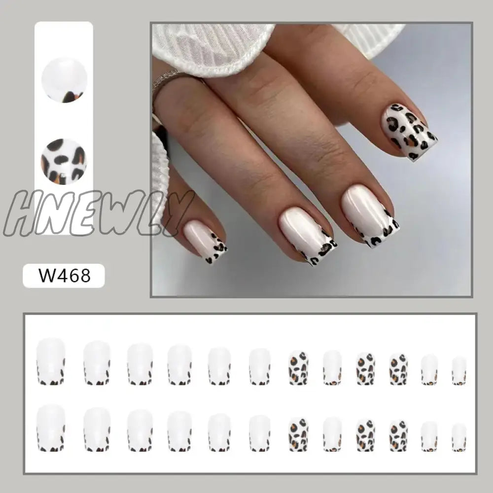 Hnewly 24Pcs Short Leopard Print Fake Nail French Coffin Ballet False Tips For Girl Women Y2K Style