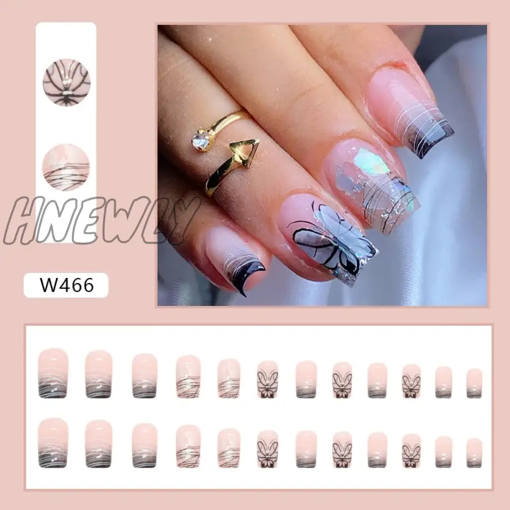 Hnewly 24Pcs Short Leopard Print Fake Nail French Coffin Ballet False Tips For Girl Women Y2K Style