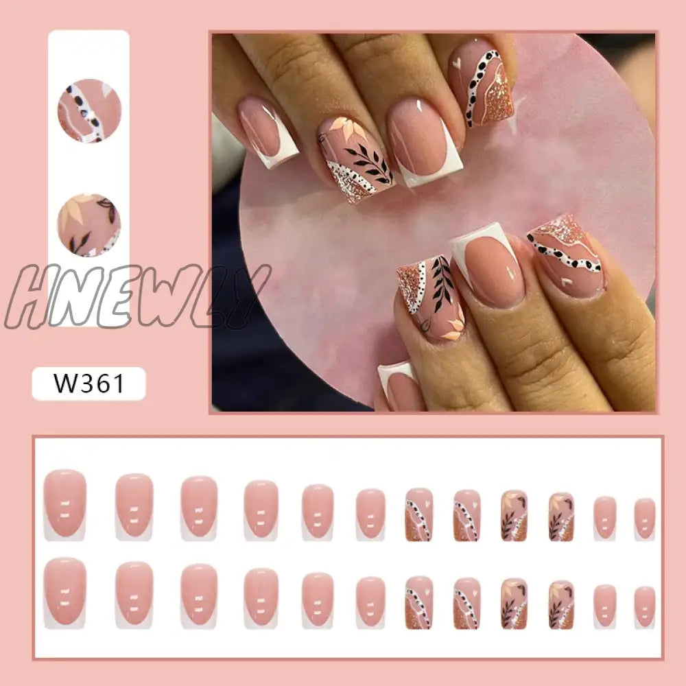Hnewly 24Pcs Short Leopard Print Fake Nail French Coffin Ballet False Tips For Girl Women Y2K Style