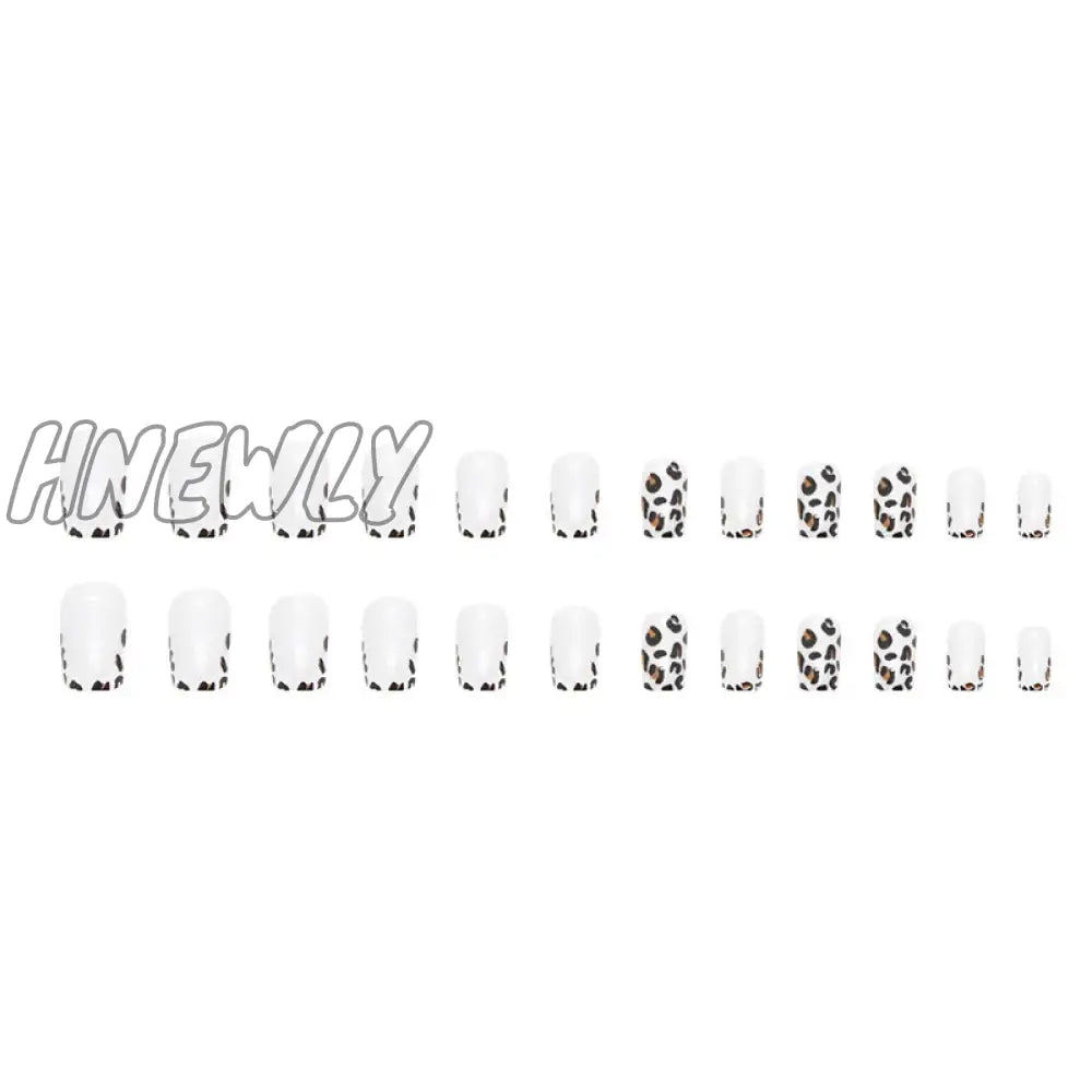 Hnewly 24Pcs Short Leopard Print Fake Nail French Coffin Ballet False Tips For Girl Women Y2K Style