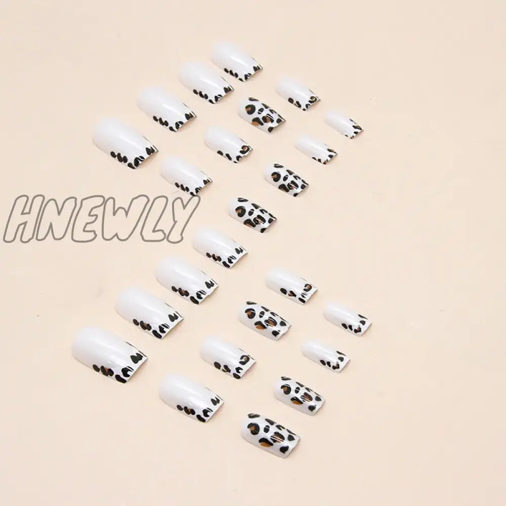 Hnewly 24Pcs Short Leopard Print Fake Nail French Coffin Ballet False Tips For Girl Women Y2K Style