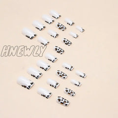 Hnewly 24Pcs Short Leopard Print Fake Nail French Coffin Ballet False Tips For Girl Women Y2K Style