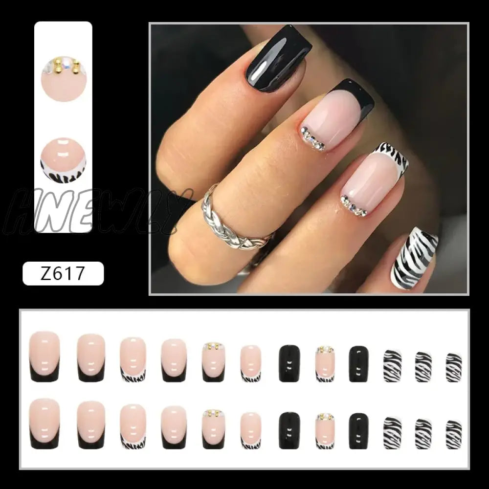 Hnewly 24Pcs Short Leopard Print Fake Nail French Coffin Ballet False Tips For Girl Women Y2K Style