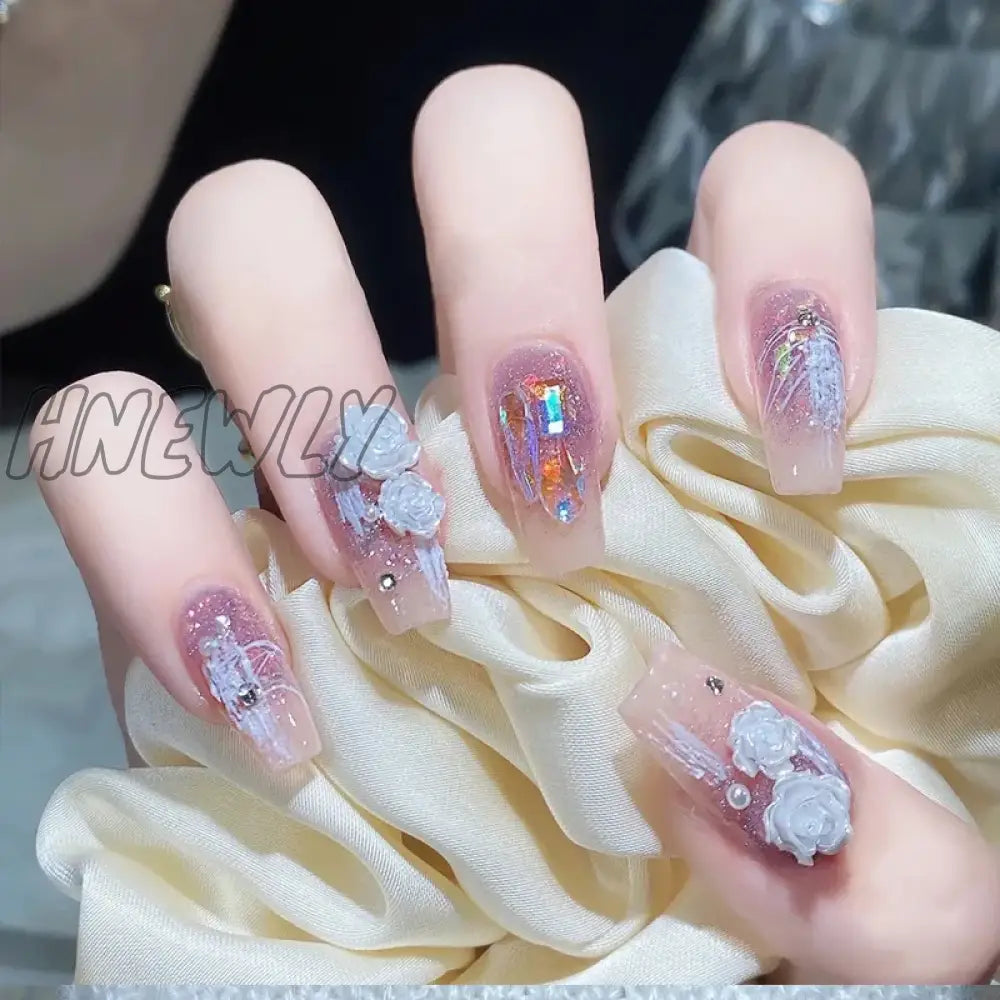 Hnewly 24Pcs Super Shiny False Nails 3D Drop Diamond Y2K Mid-Length Coffin Ballet Fake Full