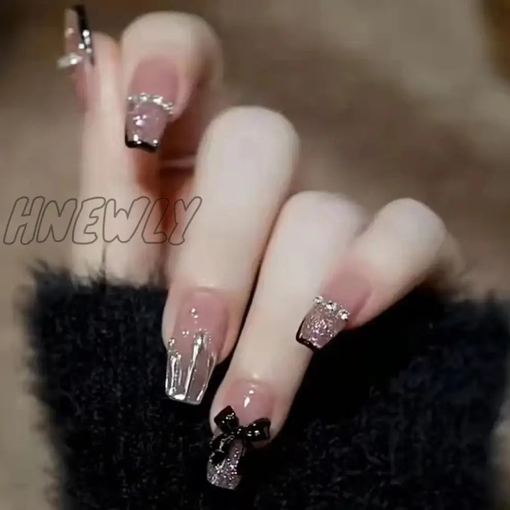 Hnewly 24Pcs Super Shiny False Nails 3D Drop Diamond Y2K Mid-Length Coffin Ballet Fake Full