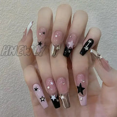 Hnewly 24Pcs Sweet Cool Y2K Style Ballet False Nails With Glue Acrylic Press On Coffin Almond Full