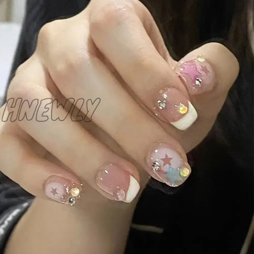 Hnewly 24Pcs Sweet Cool Y2K Style Ballet False Nails With Glue Acrylic Press On Coffin Almond Full