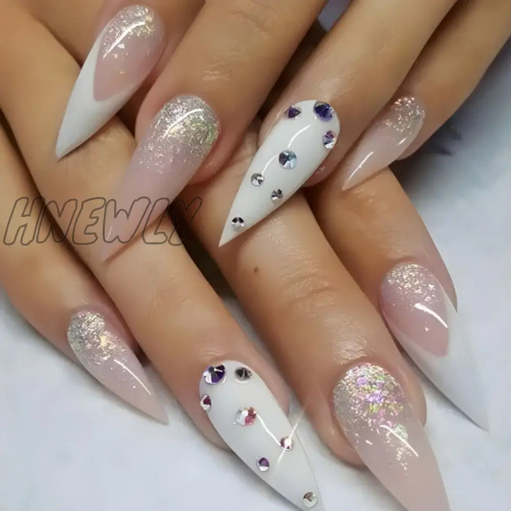 Hnewly 24Pcs White French False Nails Y2K Star Ballerina Coffin Press On Detchable Full Cover Fake