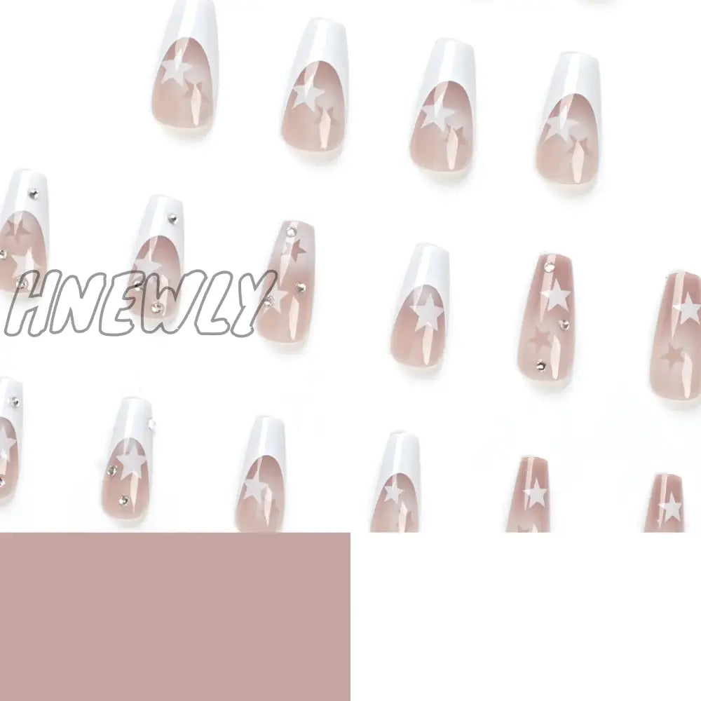 Hnewly 24Pcs White French False Nails Y2K Star Ballerina Coffin Press On Detchable Full Cover Fake