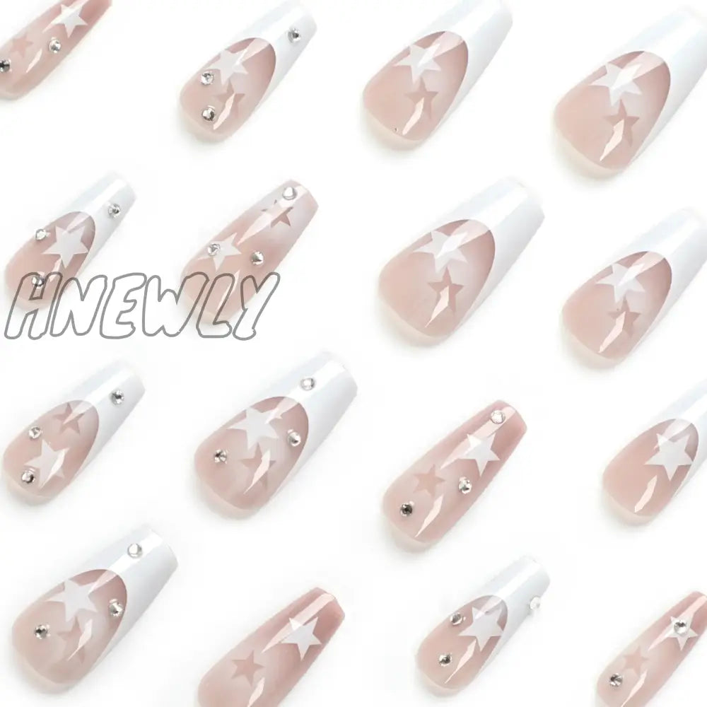 Hnewly 24Pcs White French False Nails Y2K Star Ballerina Coffin Press On Detchable Full Cover Fake
