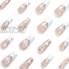 Hnewly 24Pcs White French False Nails Y2K Star Ballerina Coffin Press On Detchable Full Cover Fake