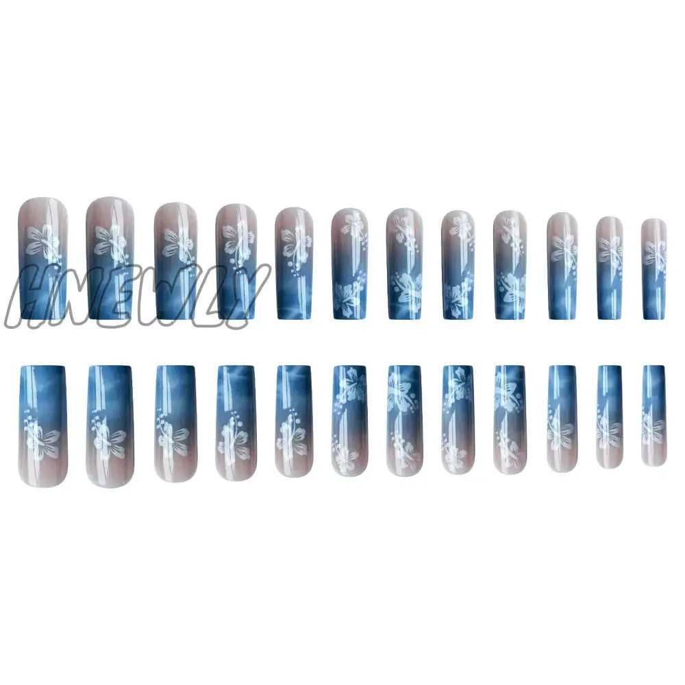 Hnewly 24Pcs Y2K Summer Sea Blue Gradient Fake Nails With Water Ripples Designs Long Square Coffin