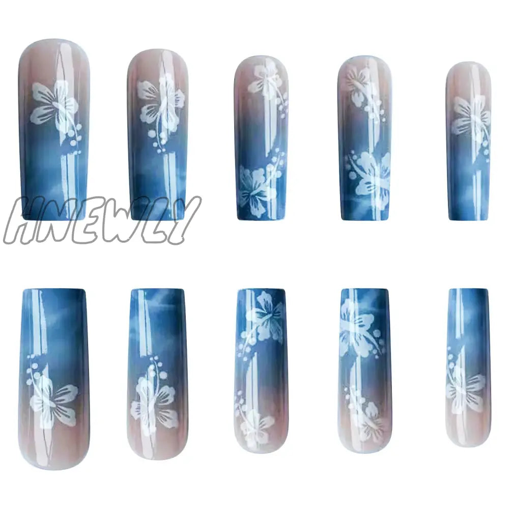 Hnewly 24Pcs Y2K Summer Sea Blue Gradient Fake Nails With Water Ripples Designs Long Square Coffin