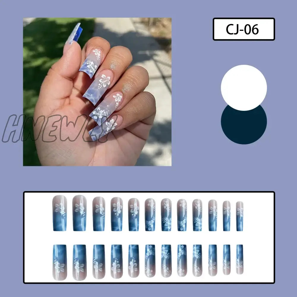 Hnewly 24Pcs Y2K Summer Sea Blue Gradient Fake Nails With Water Ripples Designs Long Square Coffin