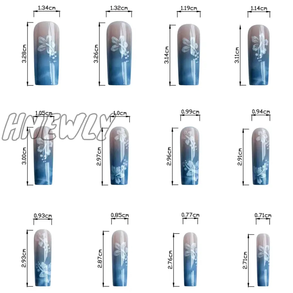 Hnewly 24Pcs Y2K Summer Sea Blue Gradient Fake Nails With Water Ripples Designs Long Square Coffin