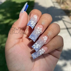 Hnewly 24Pcs Y2K Summer Sea Blue Gradient Fake Nails With Water Ripples Designs Long Square Coffin