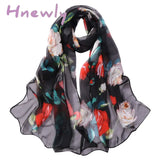 Hnewly 30# Chiffon Florak Print Scarves Silk Scarf Fashion Women Roses Printing Long Soft Wrap