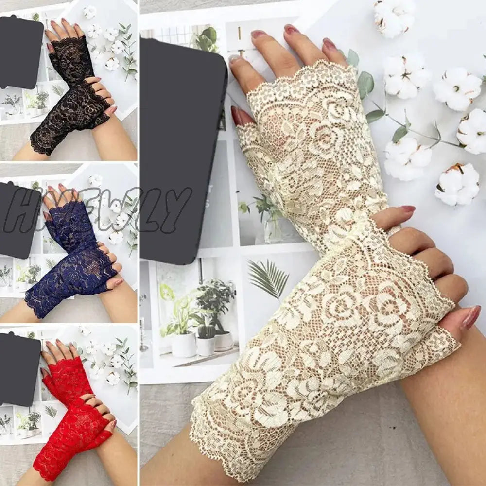 Hnewly 38 Colors Lace Flower Hollow Fishnet Fingerless Gloves Elegant Sun Protection Women Mesh