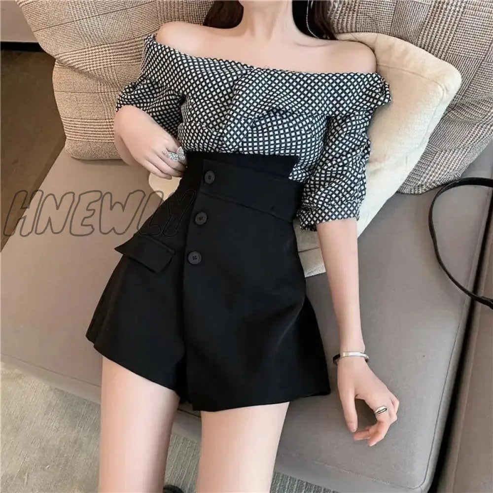 Hnewly 4Xl Suit Black Shorts Women High Waist Irregular Wide Leg Short Pants Office Lady Elegant A