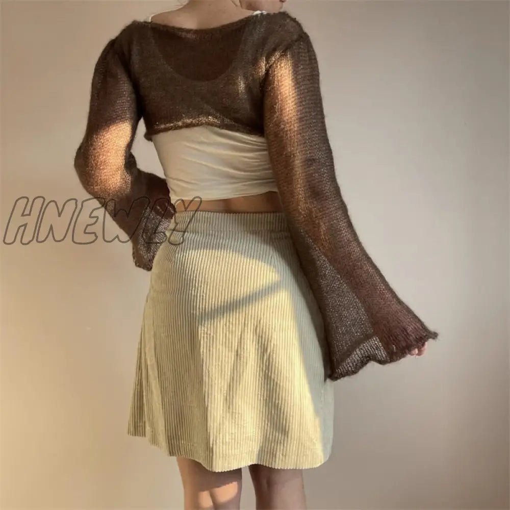 Hnewly 90S Vintage Sun Protetcion Breathable Smock Top Y2K Retro Knitted Long Sleeve T-Shirt Chic