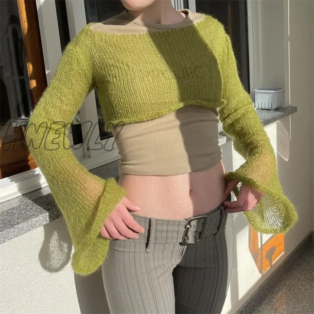 Hnewly 90S Vintage Sun Protetcion Breathable Smock Top Y2K Retro Knitted Long Sleeve T-Shirt Chic