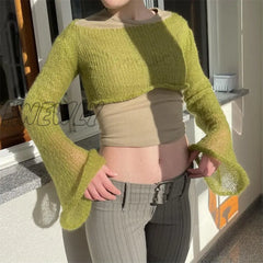 Hnewly 90S Vintage Sun Protetcion Breathable Smock Top Y2K Retro Knitted Long Sleeve T-Shirt Chic