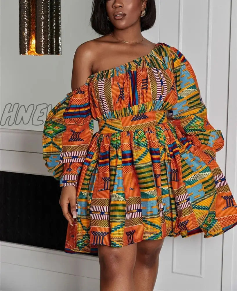 Hnewly African Dresses Women Sexy Shoulder Off Mini Dress Dashiki Tribal Print Africa Clothes Robe