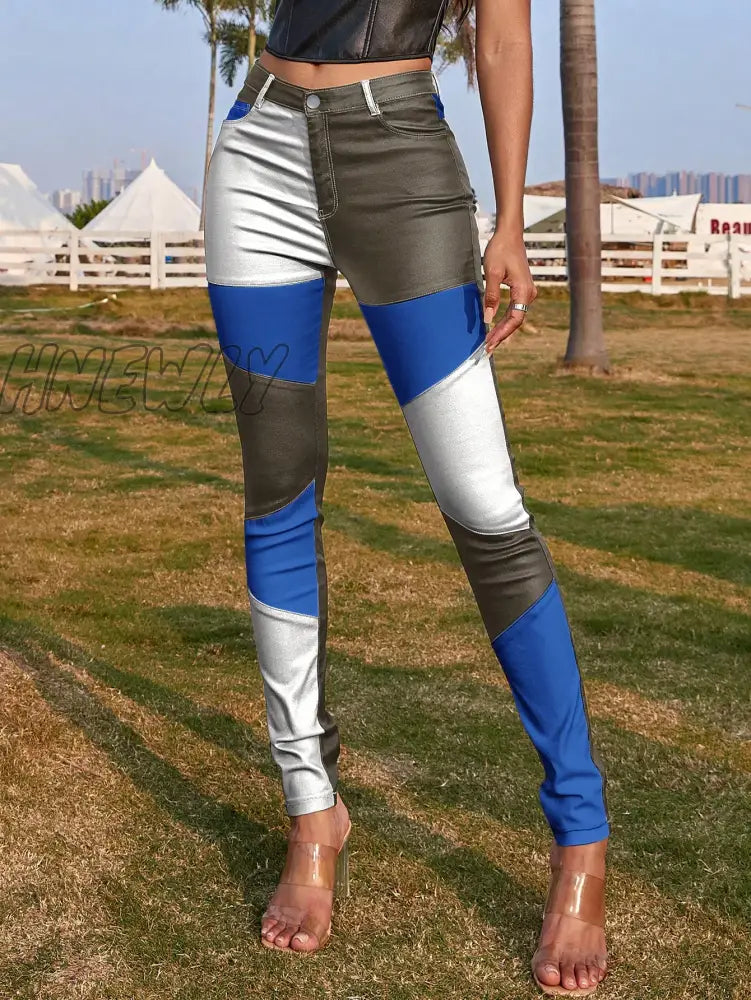 Hnewly All Season Women’s Trend Leg Slant Pocket Colorblock Patchwork No Trace Show Figure Pu