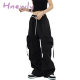 Hnewly American Cargo Pants Women Large Pocket Draw Rope Retro Straight Solid Color Street Casual